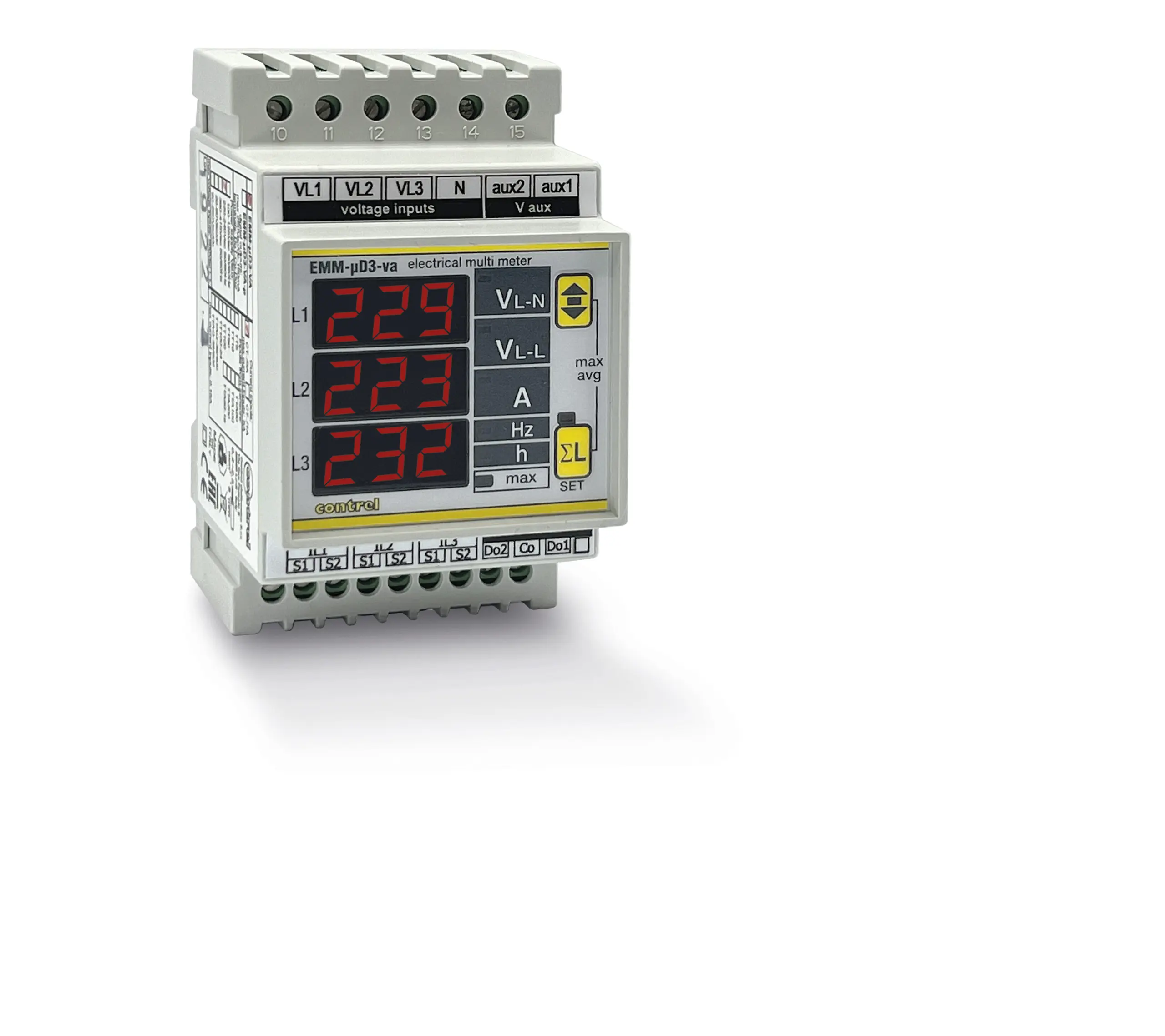 EMM-µD3h-485, 230VAC, .../1A (V I-I, V l-n, A, cosfi, f, ° T, h, W, Var, VA, kWh, kVarh, KVAh) - option 1A - Pilt 2