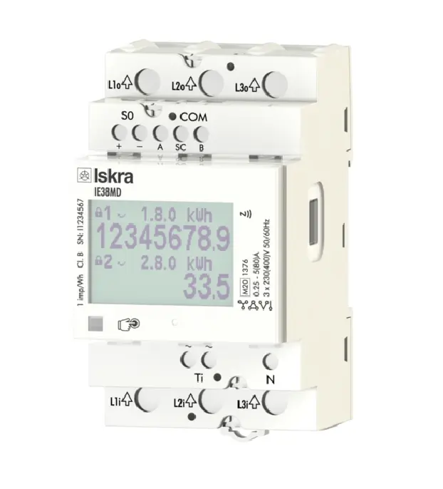 DIN rail meter  IE38MD (MID, IR, NFC, Modbus, S0, 2T, 80 A, 3-PM)